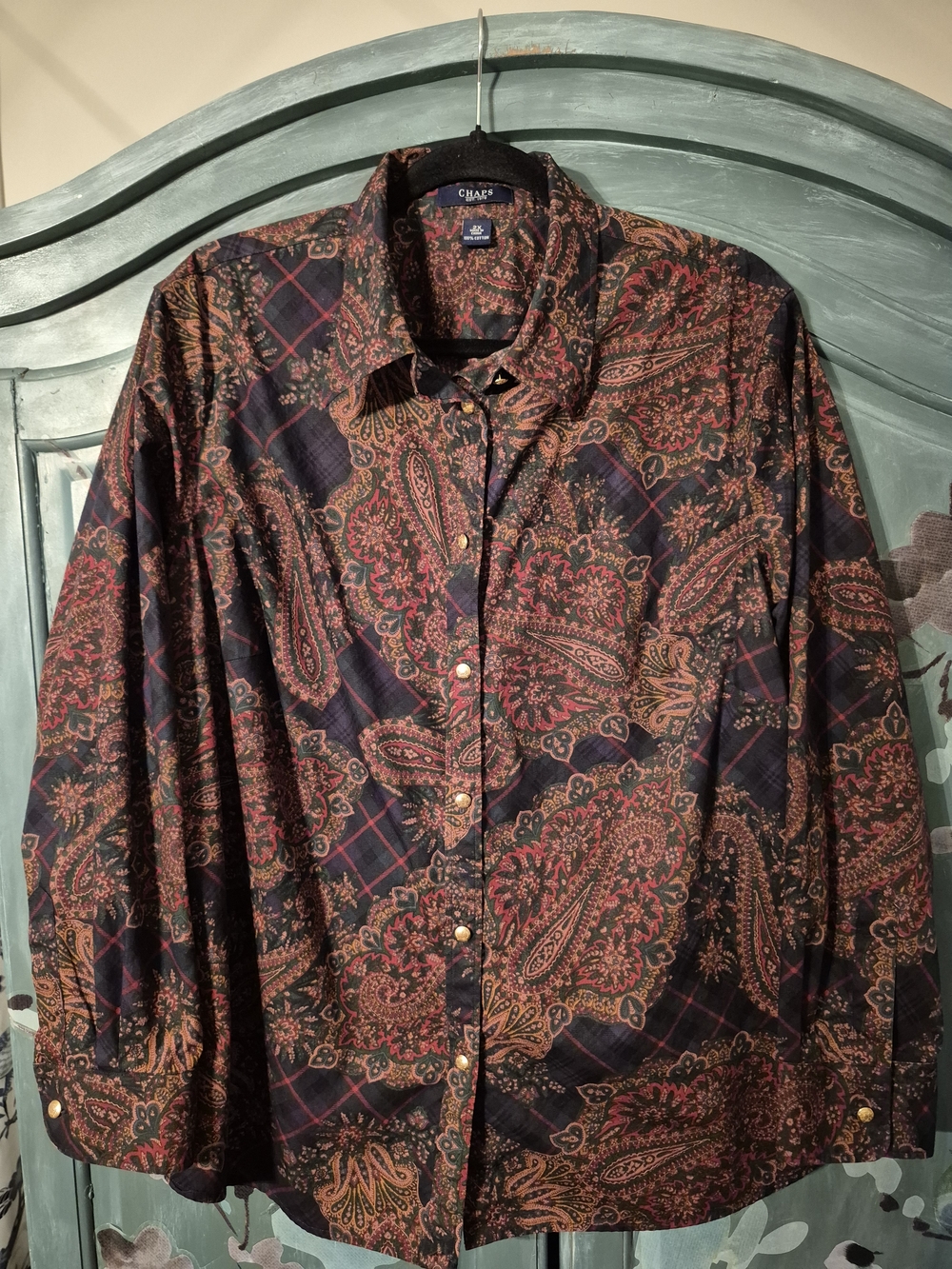 Chaps Womens Paisley Plaid Button-Down Shirt - Black, Burgundy, Tan,Navy